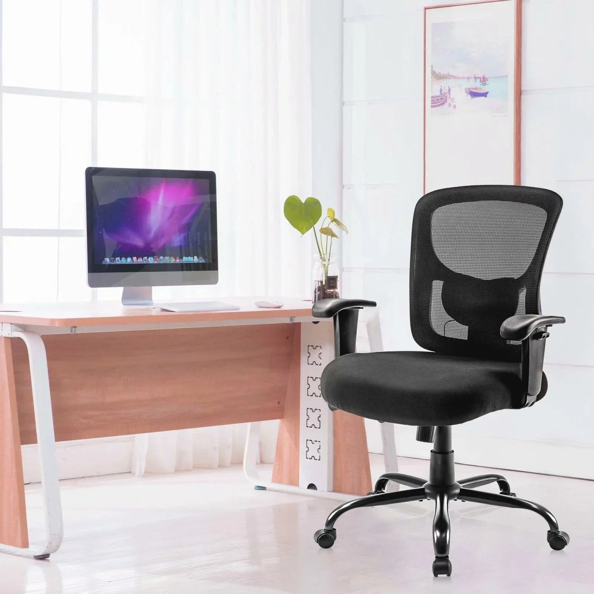 Bigroof Mesh Office Chair With Flip-Up Arms, Lumbar Support, Height Adjustable, Black