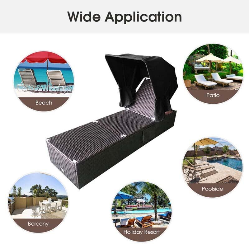 Cushioned Rattan Outdoor Chaise Lounge Chair With Folding Canopy, Flip-Up Tea Table And 5 Positions
