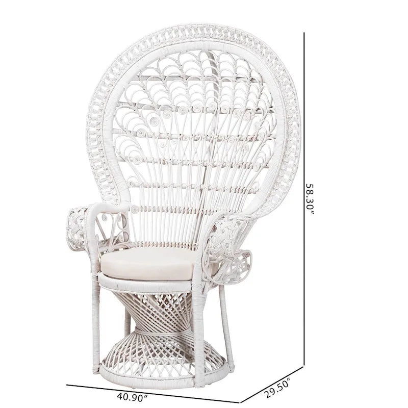 Kallima Peacock Accent Chair, White Natural Rattan, 40.90 w x 29.50 d x 58.70 h - Kallima