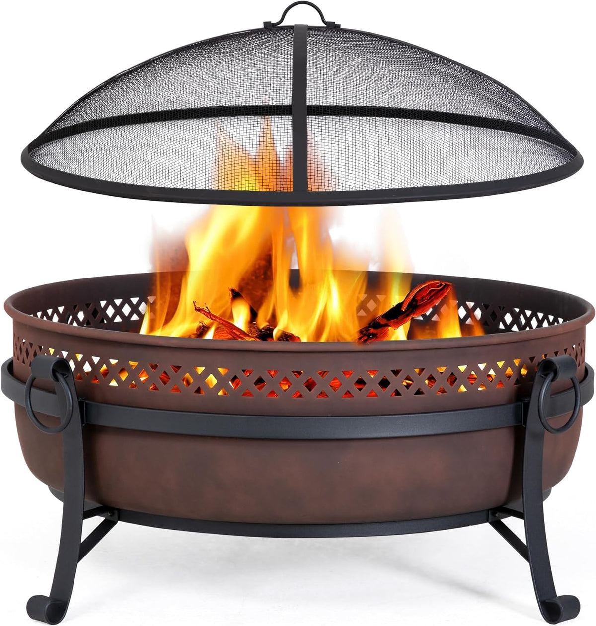SUNCREAT 42 Inch Star Pattern Wood Burning Patio Fire Pit With Mesh Spark Screen And Poker, Black