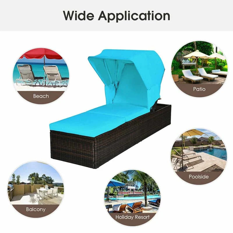 Cushioned Rattan Outdoor Chaise Lounge Chair With Folding Canopy, Flip-Up Tea Table And 5 Positions