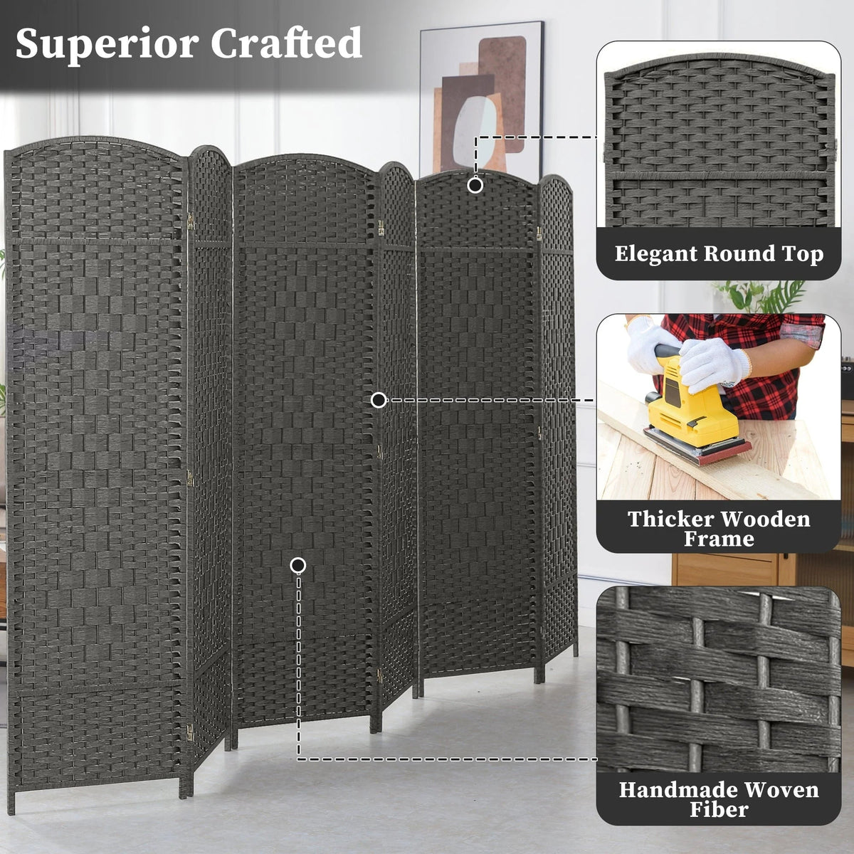 Freestanding Folding Woven Fiber Room Divider Privacy Screen - 6 Ft Tall