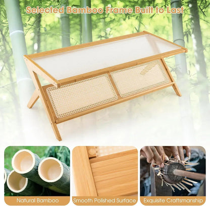 Bamboo 2-Tier Rectangular Coffee Table With Glass Tabletop And Rattan Storage Shelf - Natural