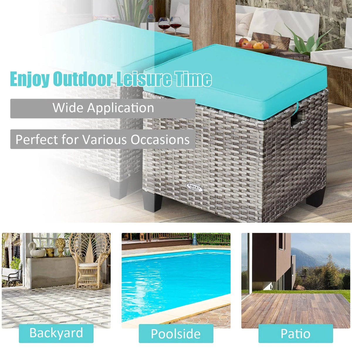 Costway 2-Piece Patio Rattan Cushioned Ottoman Set, 16 x 16 x 18 in, Turquoise