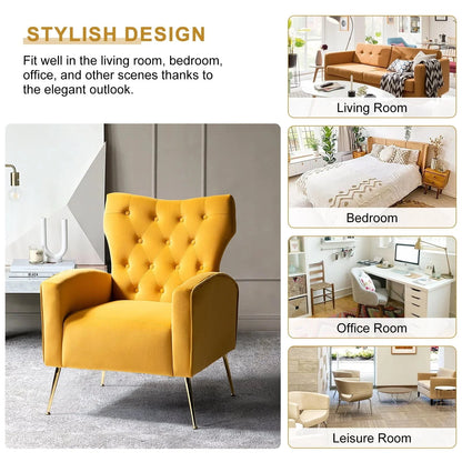 14 Karat Home Velvet Accent Chair With Button-Tufted Back And Metal Legs - Mustard