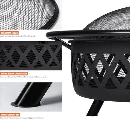 SUNCREAT 42-Inch Wood Burning Patio Fire Pit, Black, 42.1 Inch Diameter x 25.2 Inch High