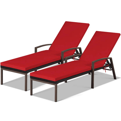 Costway 2 PCS Patio Rattan Chaise Lounge Chairs With Adjustable Backrest And Cushions - Red