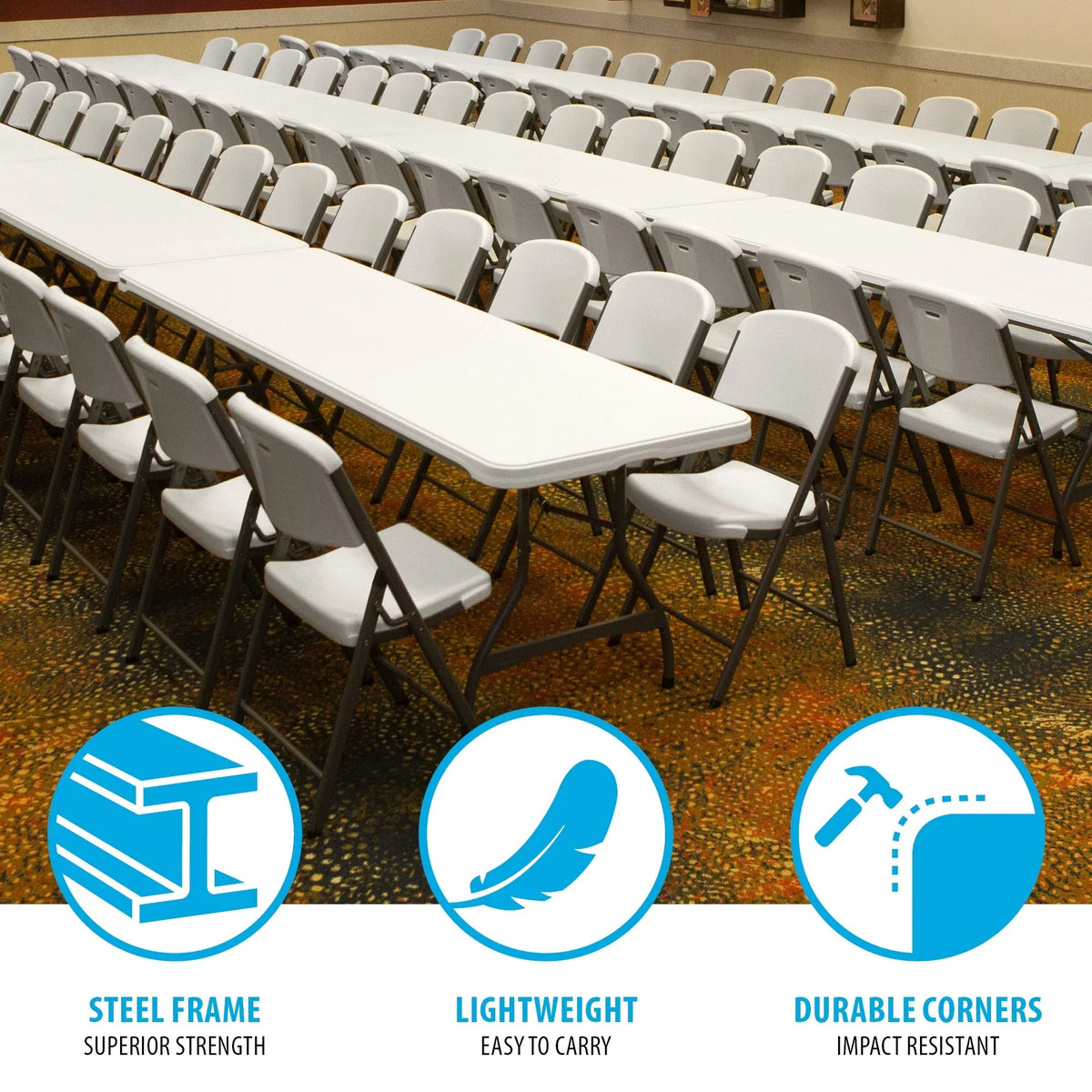 Lifetime Folding Table And Chair Set, 12 8-Foot Tables And 96 Chairs - Pack Of 108