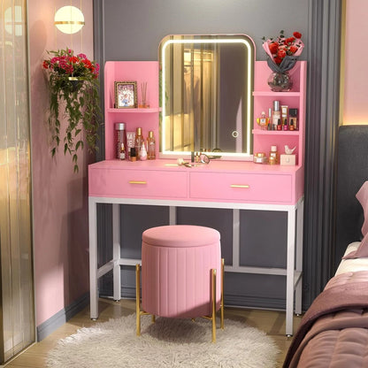 Cyclysio Makeup Vanity Desk With LED Mirror, 2 Drawers And 5 Open Shelves