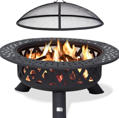 SUNCREAT 42 Inch Star Pattern Wood Burning Patio Fire Pit With Mesh Spark Screen And Poker, Black