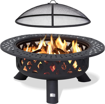 SUNCREAT 42 Inch Star Pattern Wood Burning Patio Fire Pit With Mesh Spark Screen And Poker, Black