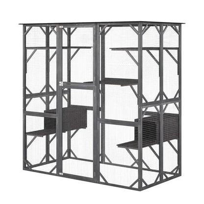 71-Inch Outdoor Wooden Catio Enclosure With 7 Platforms And 2 Condos - Grey