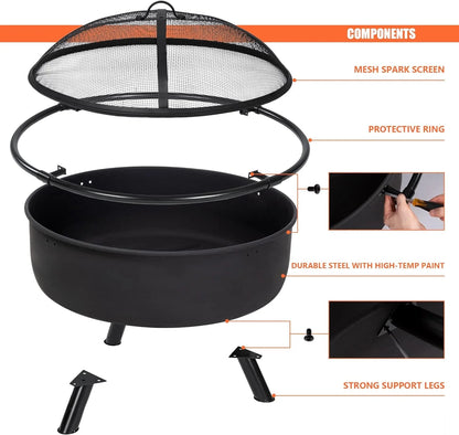 SUNCREAT 42-Inch Wood Burning Patio Fire Pit, Black, 42.1 Inch Diameter x 25.2 Inch High