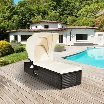 Cushioned Rattan Outdoor Chaise Lounge Chair With Folding Canopy, Flip-Up Tea Table And 5 Positions