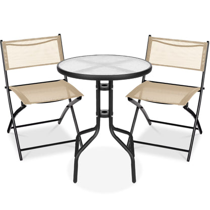 Best Choice Products 3-Piece Patio Bistro Dining Set With Glass Tabletop And Folding Chairs - Gray