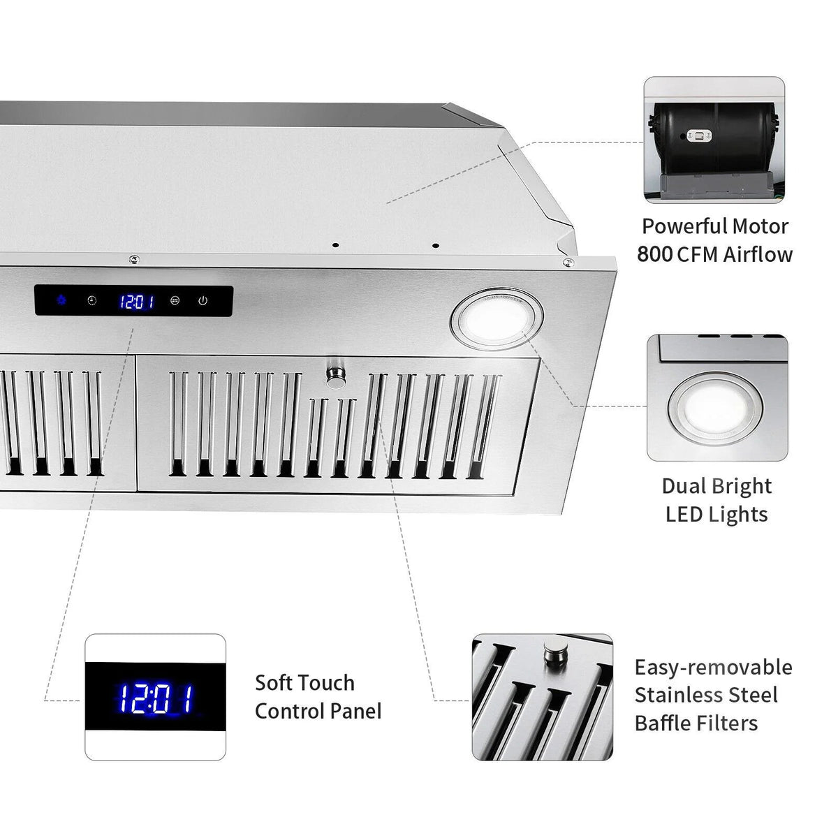 30 Inch Built-In Range Hood 800 CFM 3-Speed Touch Control