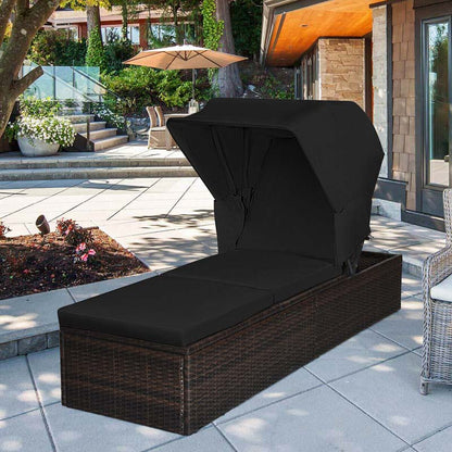 Cushioned Rattan Outdoor Chaise Lounge Chair With Folding Canopy, Flip-Up Tea Table And 5 Positions