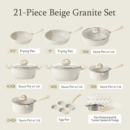 Nonstick Granite Cookware Set, 21 Pcs, Beige