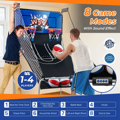 Costway Dual Shot Basketball Arcade Game, Blue, 8 Game Modes, 81in x 43in x 81in