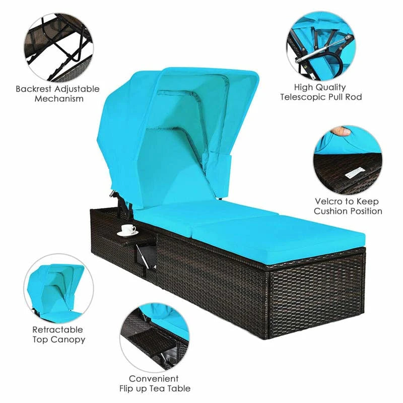 Cushioned Rattan Outdoor Chaise Lounge Chair With Folding Canopy, Flip-Up Tea Table And 5 Positions
