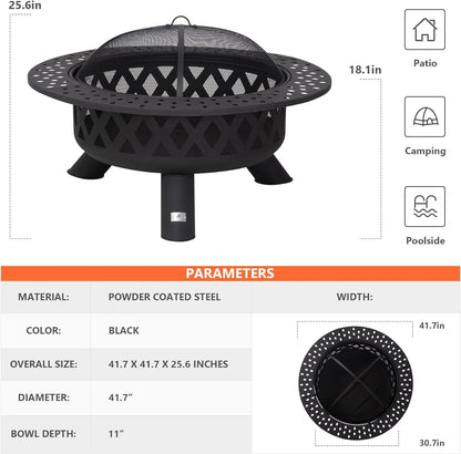 SUNCREAT 42-Inch Wood Burning Patio Fire Pit, Black, 42.1 Inch Diameter x 25.2 Inch High