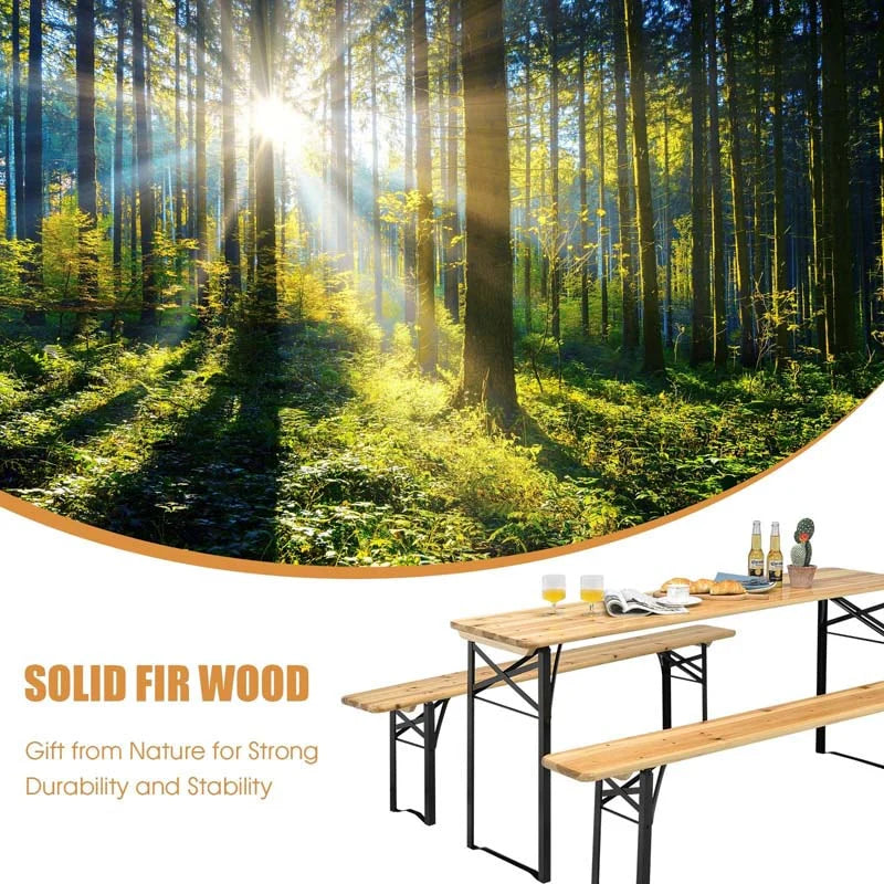 3-Piece Folding Picnic Table Bench Set, 70in Wooden Top - Black