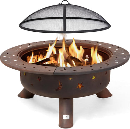 SUNCREAT 42 Inch Star Pattern Wood Burning Patio Fire Pit With Mesh Spark Screen And Poker, Black