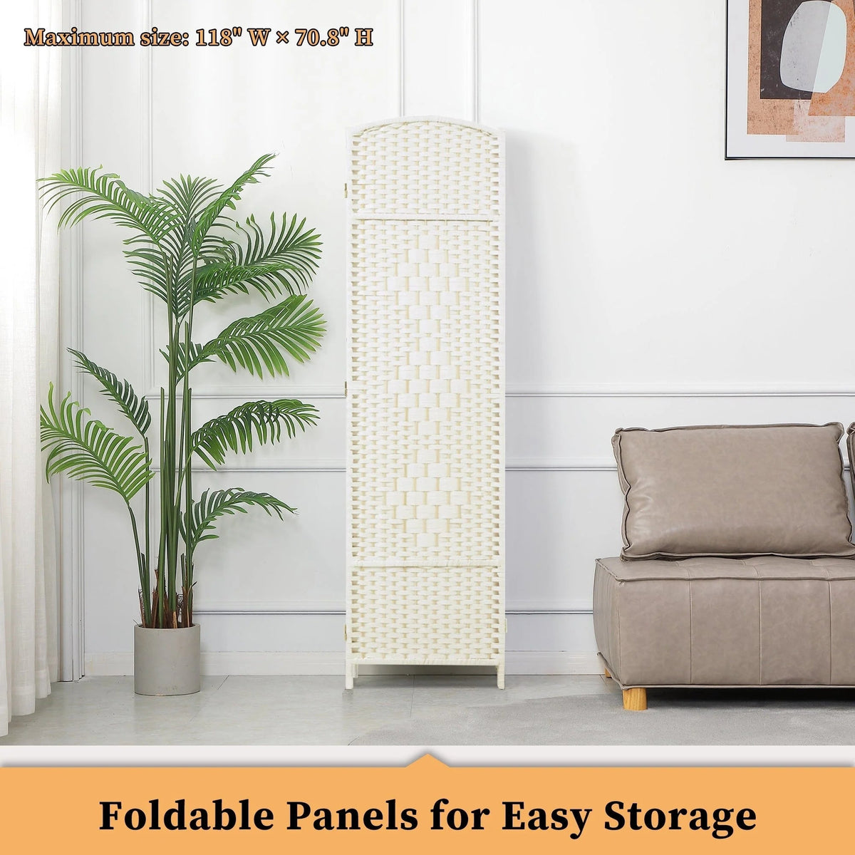 Freestanding Folding Woven Fiber Room Divider Privacy Screen - 6 Ft Tall