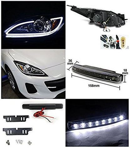 Mazda 3 JDM Black LED DRL Strip Projector Headlights With 8-LED DRL Fog Lights - 10-13