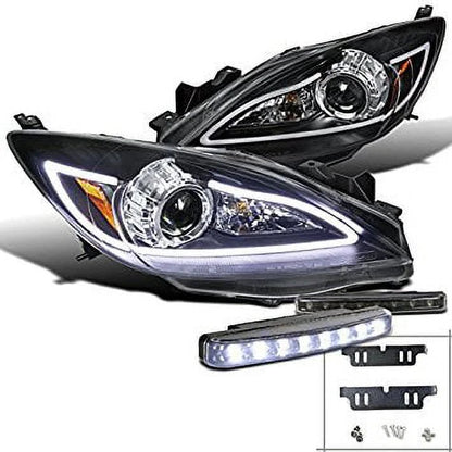 Mazda 3 JDM Black LED DRL Strip Projector Headlights With 8-LED DRL Fog Lights - 10-13