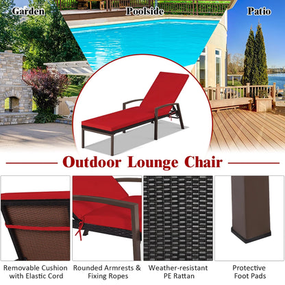 Costway 2 PCS Patio Rattan Chaise Lounge Chairs With Adjustable Backrest And Cushions - Red