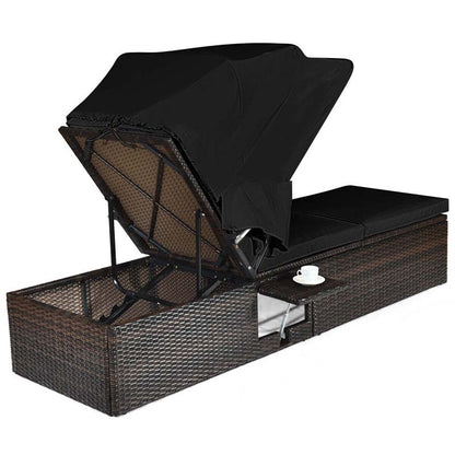 Cushioned Rattan Outdoor Chaise Lounge Chair With Folding Canopy, Flip-Up Tea Table And 5 Positions