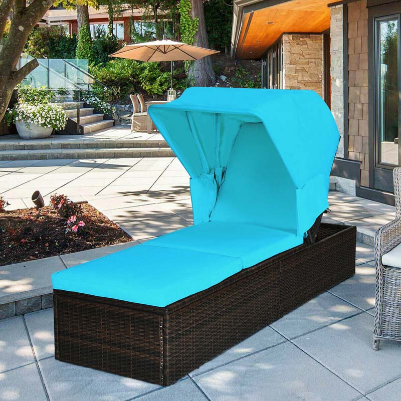 Cushioned Rattan Outdoor Chaise Lounge Chair With Folding Canopy, Flip-Up Tea Table And 5 Positions