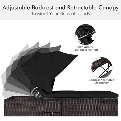 Cushioned Rattan Outdoor Chaise Lounge Chair With Folding Canopy, Flip-Up Tea Table And 5 Positions