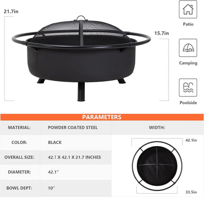 SUNCREAT 42-Inch Wood Burning Patio Fire Pit, Black, 42.1 Inch Diameter x 25.2 Inch High