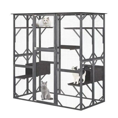 71-Inch Outdoor Wooden Catio Enclosure With 7 Platforms And 2 Condos - Grey