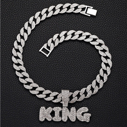Full Diamond King Football Pendant Necklace With 20in Cuban Link Chain, 13mm Width