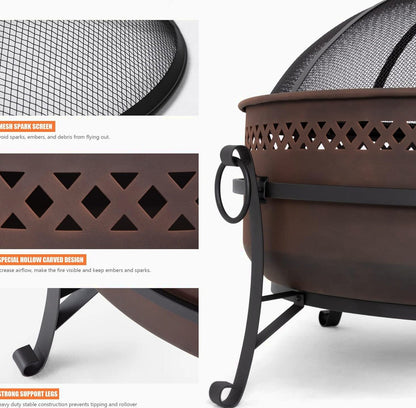 SUNCREAT 42 Inch Star Pattern Wood Burning Patio Fire Pit With Mesh Spark Screen And Poker, Black