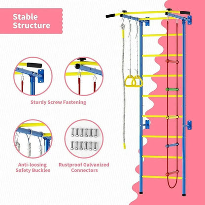 Cuoote Metal Wall Ladder Stall Bars Set With Pull-Up Bar, Climbing Rope And Gymnastic Rings - 5-In-1