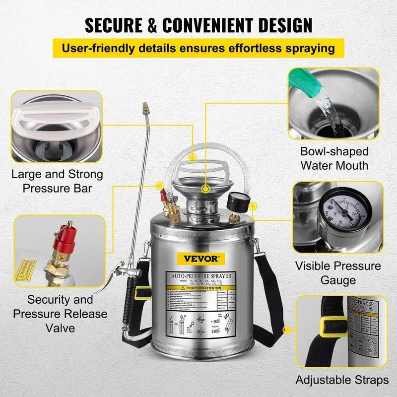 VEVOR 1-Gallon Stainless Steel Hand-Pumped Garden Sprayer With Adjustable Nozzle