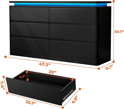 6-Drawer Black Wooden Dresser With Charging Station And LED Lights - 47.2 in