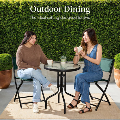 Best Choice Products 3-Piece Patio Bistro Dining Set With Glass Tabletop And Folding Chairs - Gray