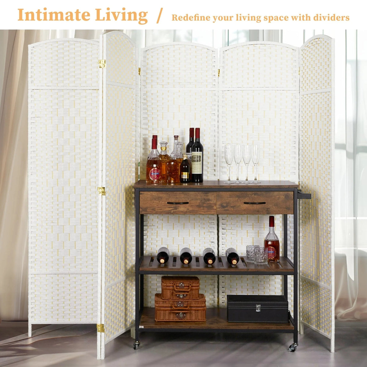 Freestanding Folding Woven Fiber Room Divider Privacy Screen - 6 Ft Tall