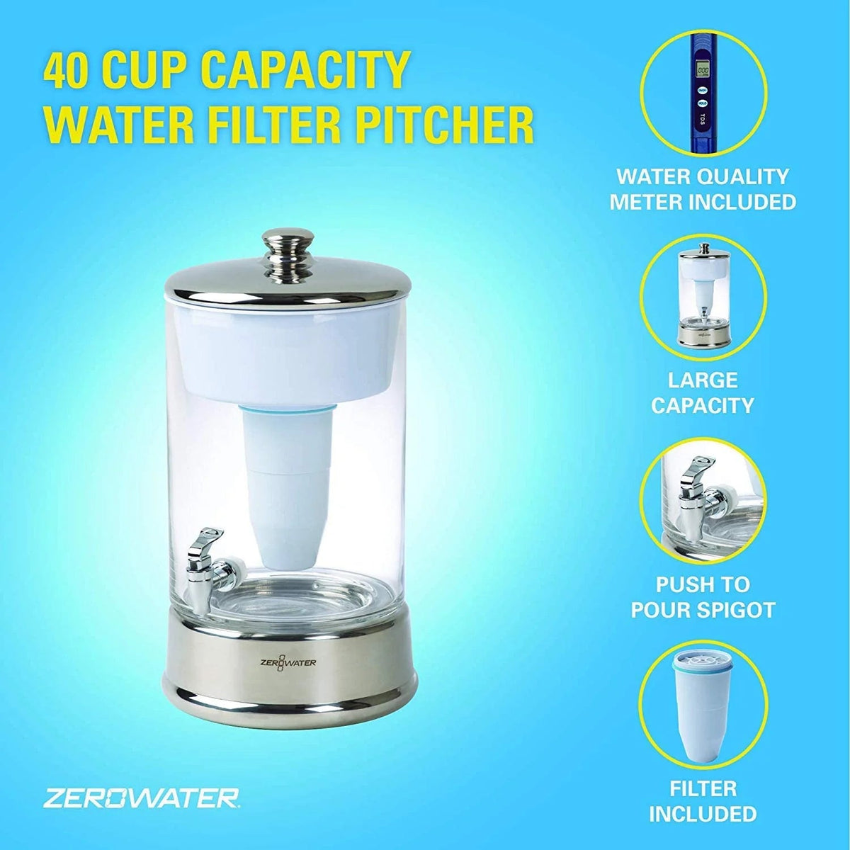 ZeroWater 40 Cup Ready-Pour Glass Water Dispenser With Water Quality Meter - BPA-Free