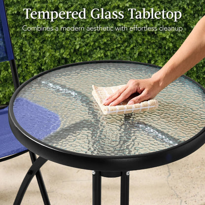 Best Choice Products 3-Piece Patio Bistro Dining Set With Glass Tabletop And Folding Chairs - Gray