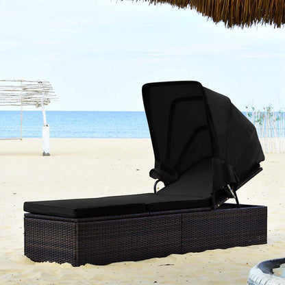 Cushioned Rattan Outdoor Chaise Lounge Chair With Folding Canopy, Flip-Up Tea Table And 5 Positions