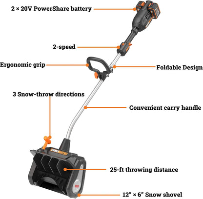 WORX Nitro 40V 12in Cordless Snow Shovel With 2 x 4.0 Ah Batteries And Charger - WG460