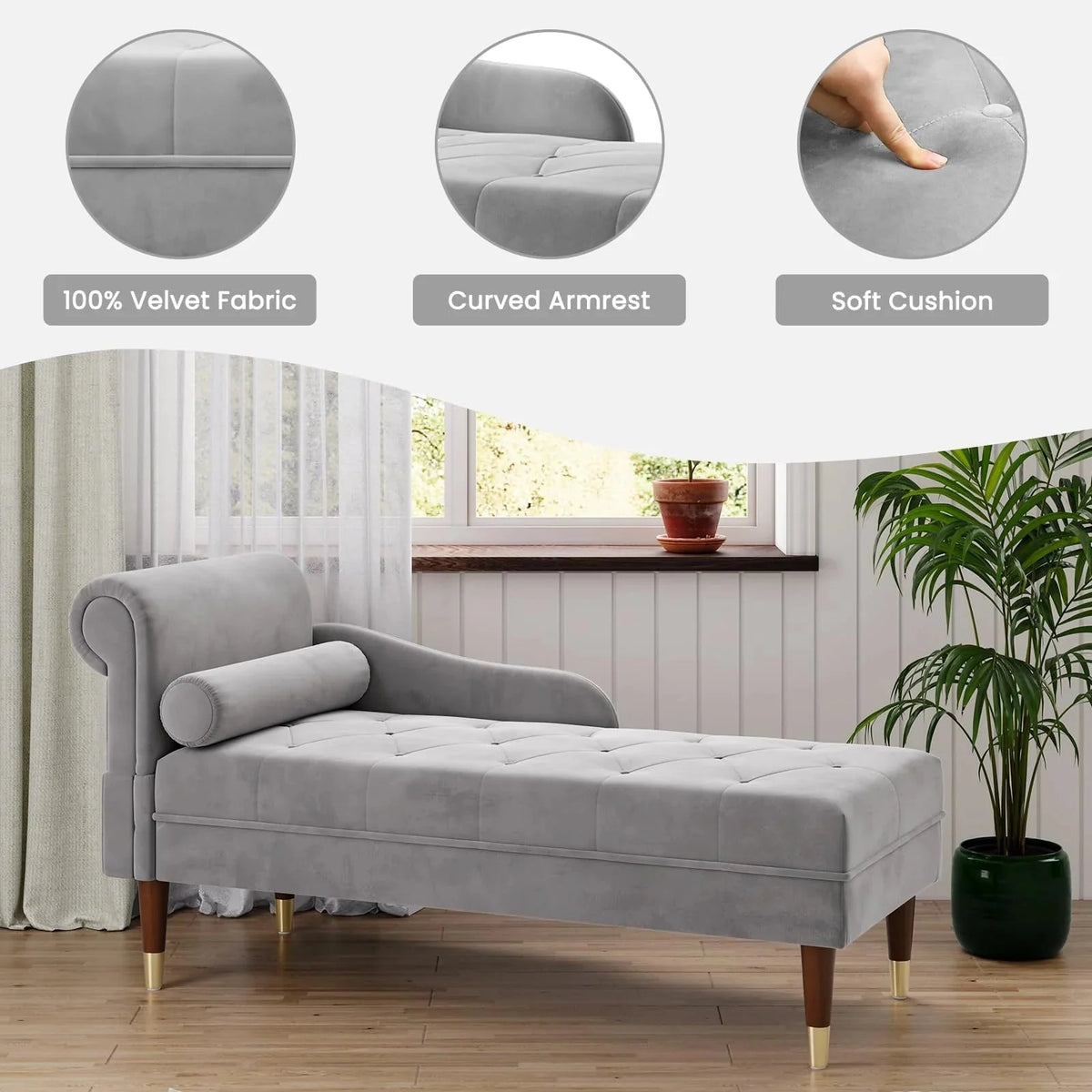 Vesgantti Velvet Chaise Lounge, 59 in, Grey