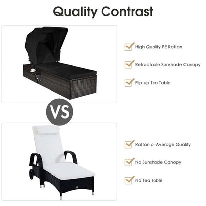 Cushioned Rattan Outdoor Chaise Lounge Chair With Folding Canopy, Flip-Up Tea Table And 5 Positions