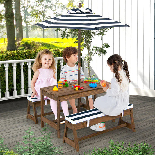 Wooden Kids Picnic Table Bench Set With Cushions And Height-Adjustable Umbrella - 35 in